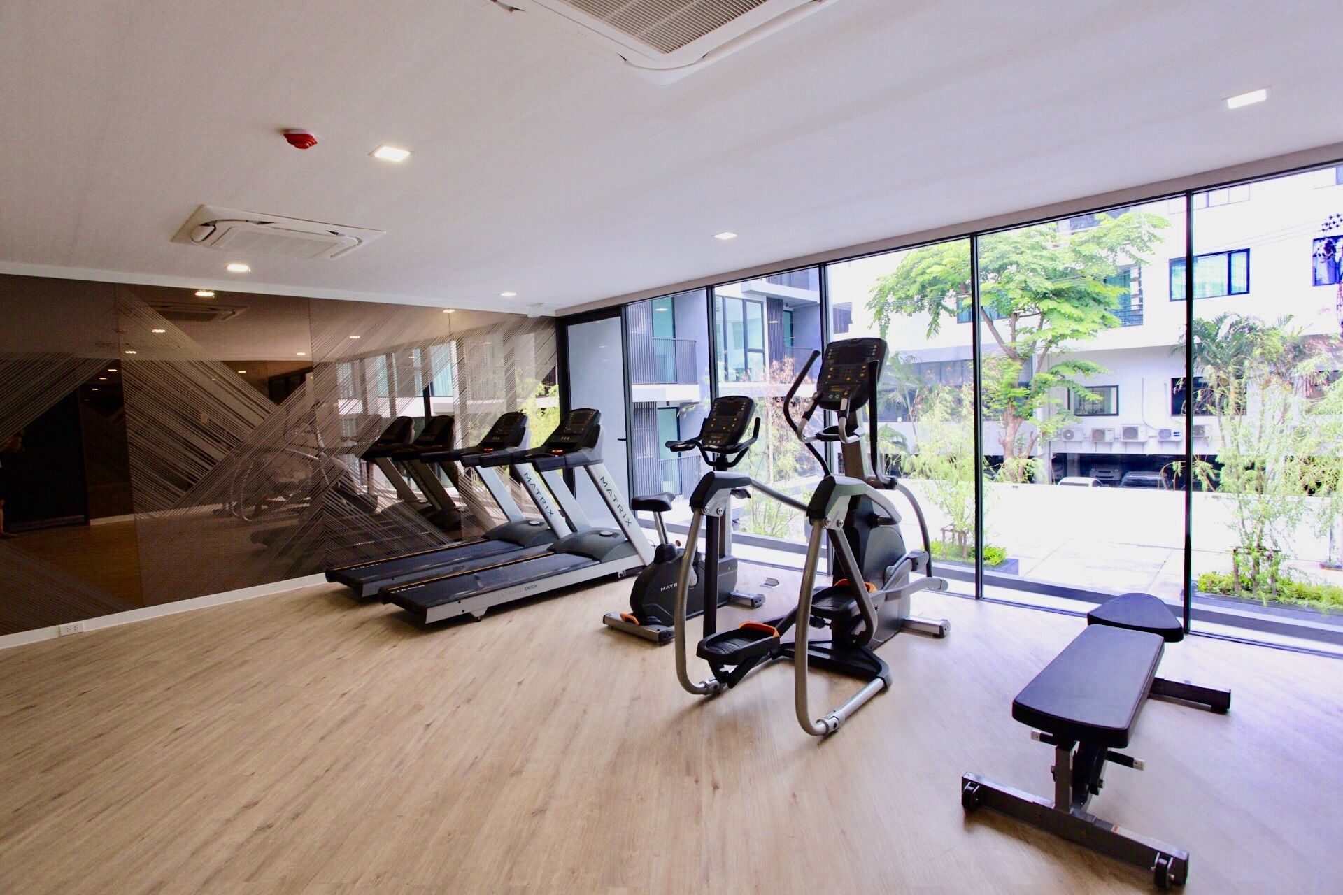 Un gimnasio con cintas de correr, elípticas y una banca.