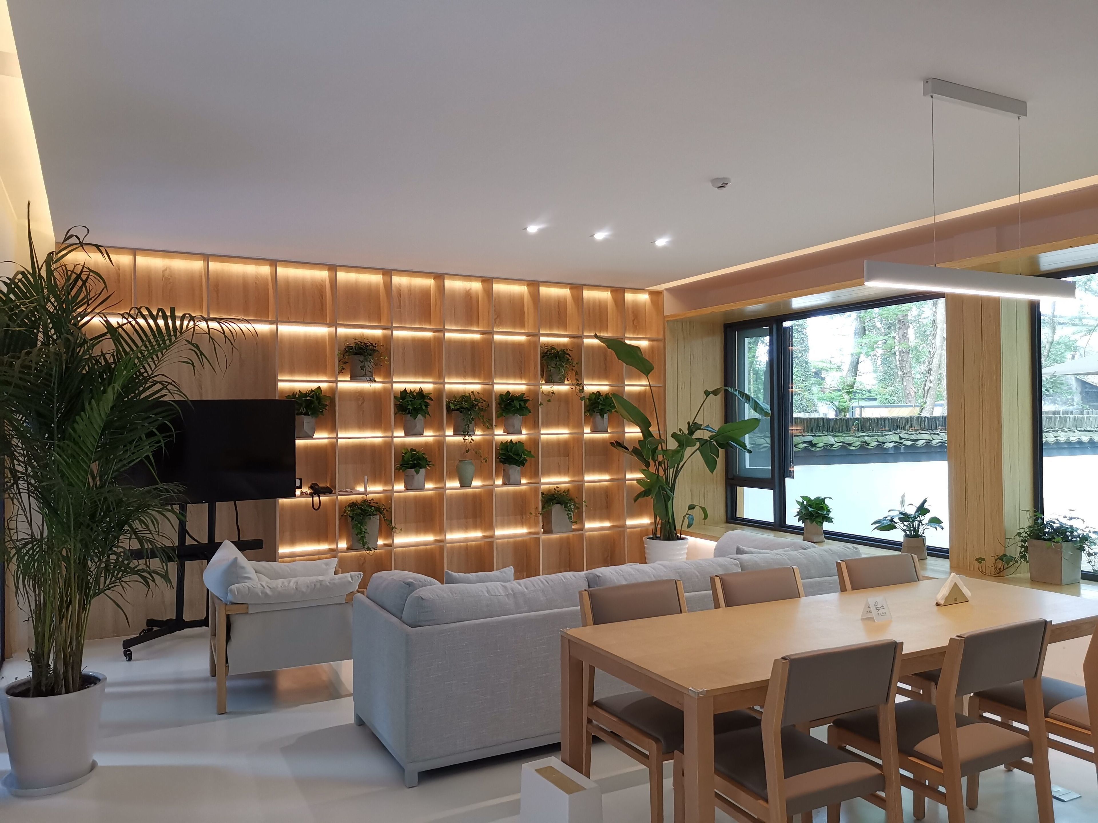 A modern living room with a sofa, dining table, and chairs, a TV, and a wall with potted plants.