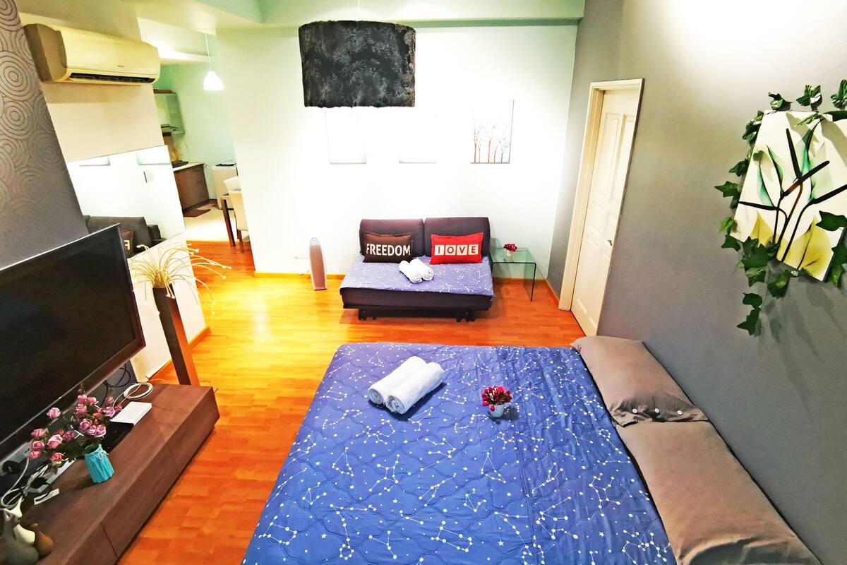 Una habitación con cama, sofá, televisión y una pequeña mesa con un florero.