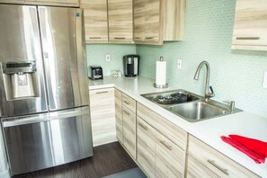 Frigorífico, microondas, horno y placa de cocina