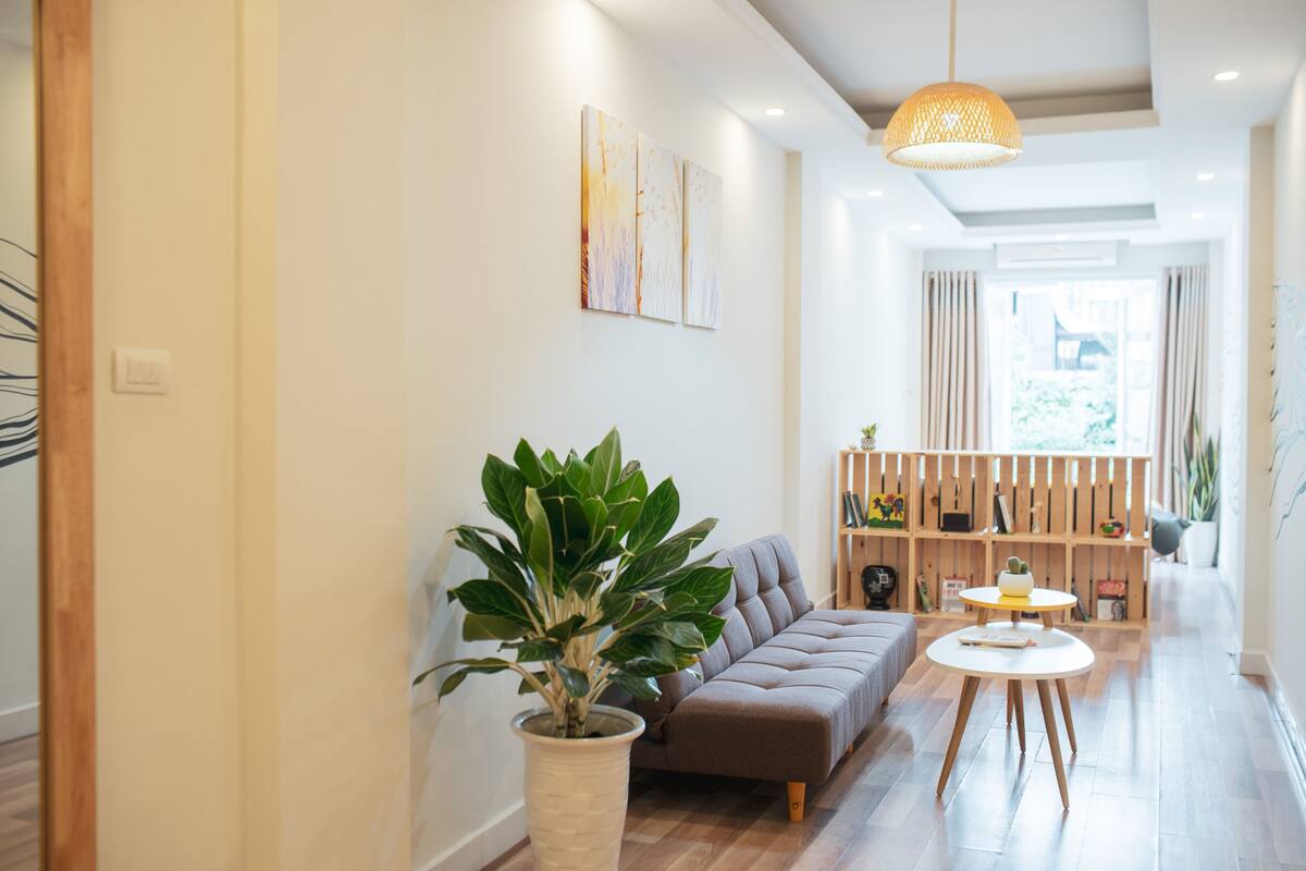 A modern living room with a sofa, a potted plant, and a round table.