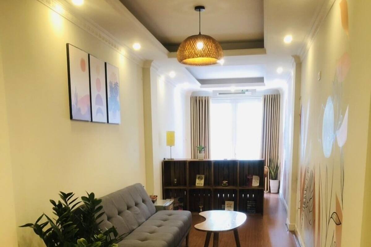 A modern living room with a grey sofa, a round coffee table, and a potted plant.