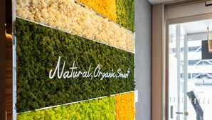A wall with vertical sections of different textures and colors, including green, yellow, and beige, with the words "Natural, Organic, Smart" written across the middle. - Superhotel Premier Obihiro ekimae (Obihiro)