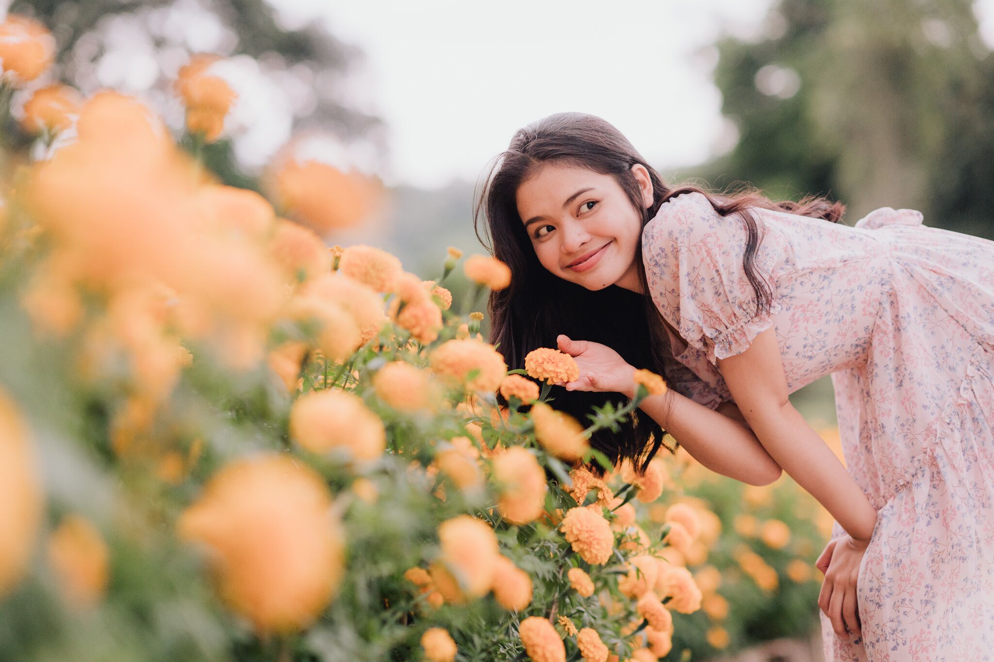 Una persona con un vestido floral se inclina sobre un campo de flores amarillas.