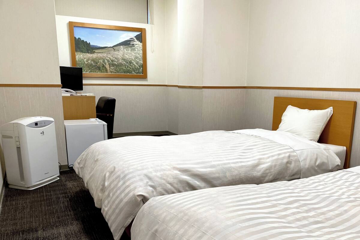 A hotel room with two beds, a desk, a chair, a heater, and a picture on the wall.