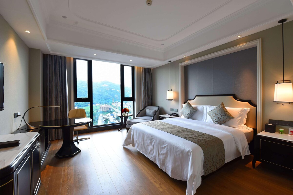 Une chambre d’hôtel avec un grand lit, un bureau, une chaise, une télévision et une vue sur la ville.