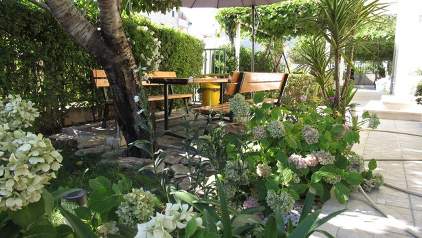 An outdoor seating area with a table and chairs, surrounded by lush greenery and flowering plants. - Apartmani Roko (Kastela)