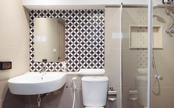 A modern bathroom with a white sink, a toilet, and a shower enclosure.
