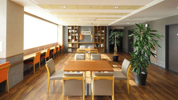 Une pièce spacieuse avec une longue table en bois entourée de chaises, une bibliothèque et une plante en pot.
