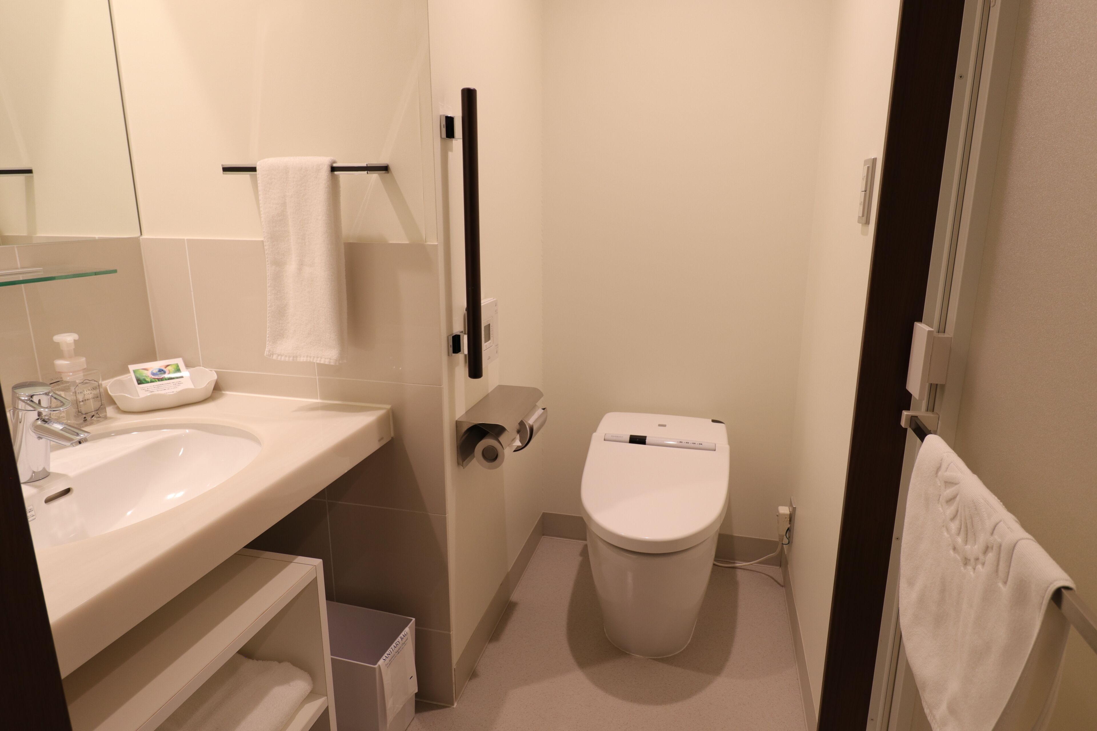 A small, modern bathroom with a sink, toilet, and towel rack.
