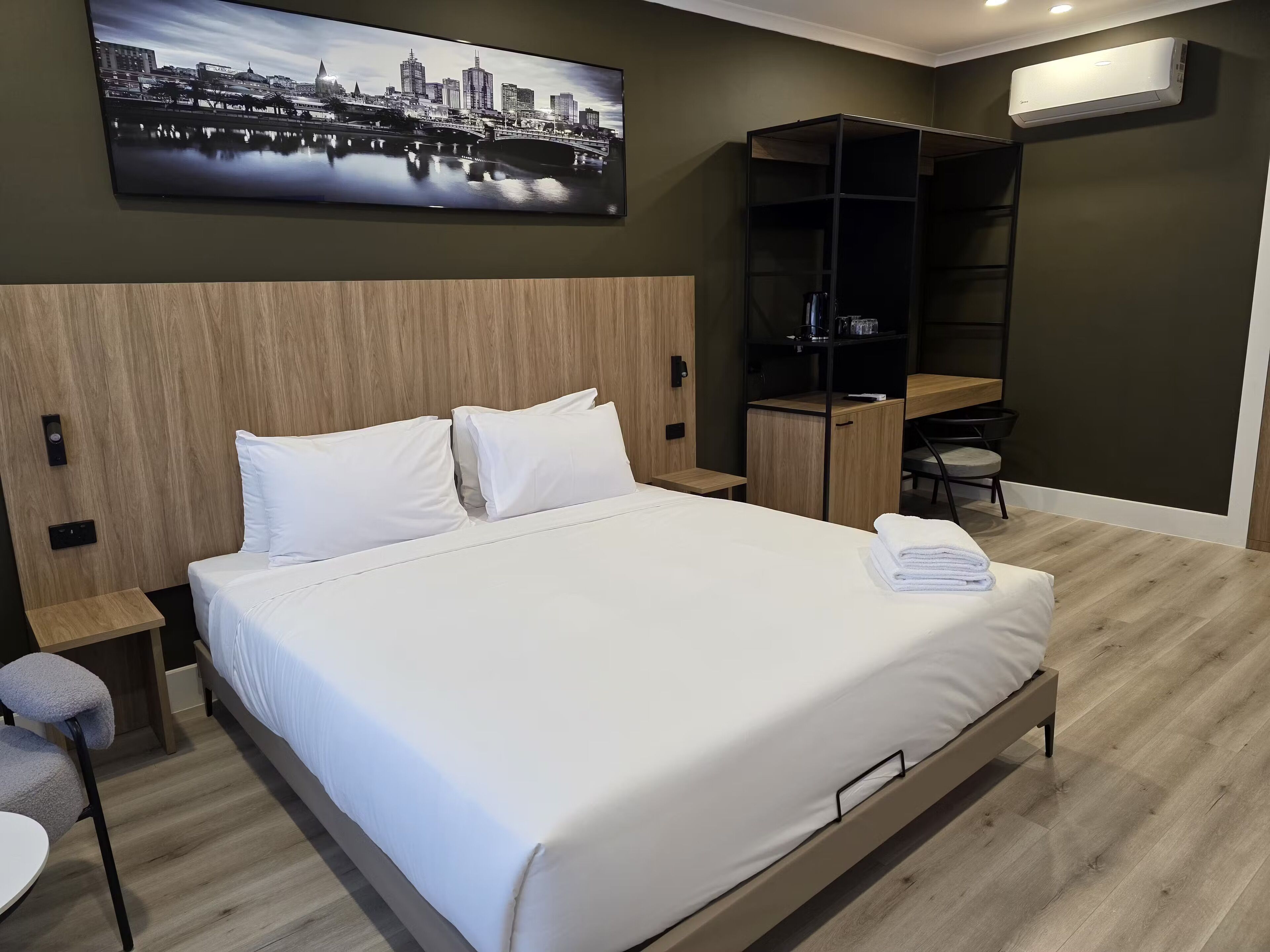 Desk, blackout curtains, soundproofing, iron/ironing board