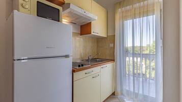 Apartment (A10) | Eigene Küche | Kühlschrank, Herdplatte, Wasserkocher mit Kaffee-/Teezubehör