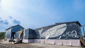 Un edificio con un mural de una ballena y la palabra 'Marine' en la fachada.