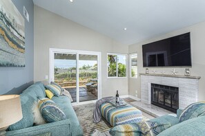 Smart TV, fireplace, books