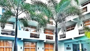 Un edificio de varios pisos con balcones, ventanas amplias y palmeras.