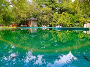 Una piscina cristalina rodeada de exuberante vegetación y un pequeño pabellón.