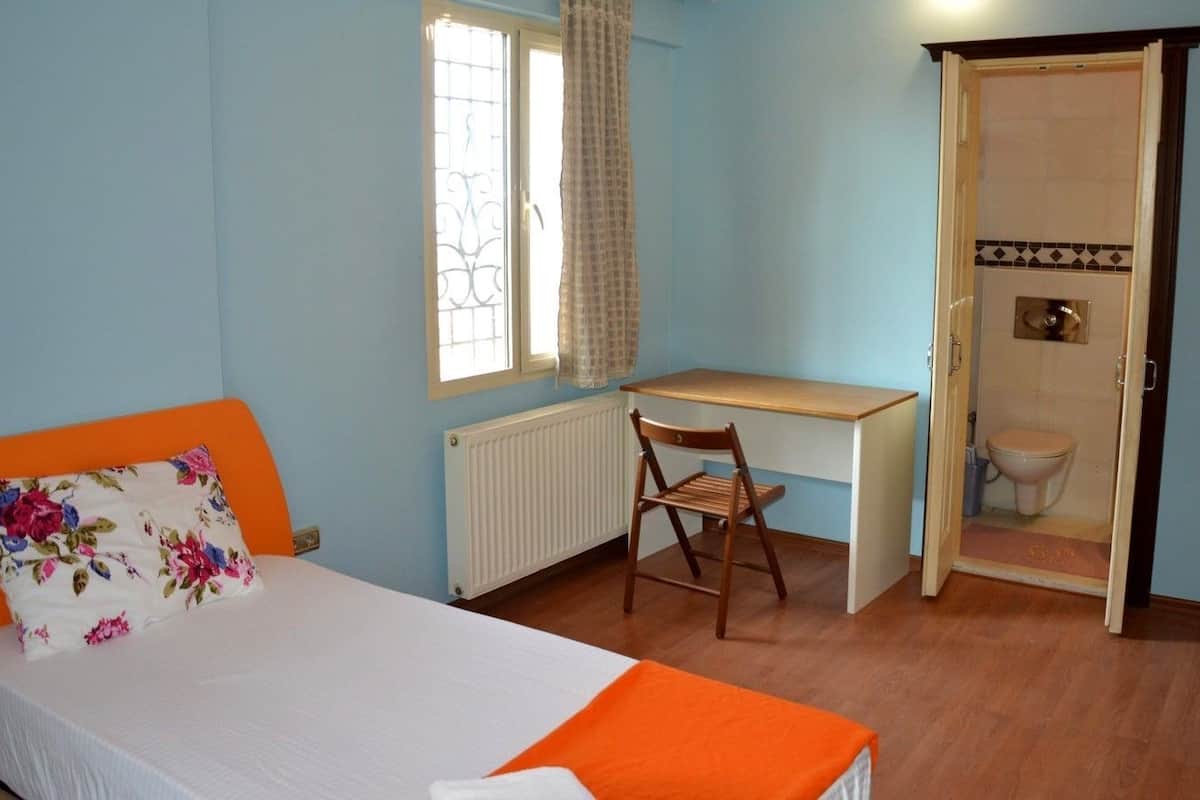 A bedroom with a bed, a desk, and a toilet.