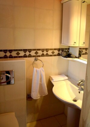A bathroom with a sink, mirror, and towel rack. - Zen House (Kusadasi)
