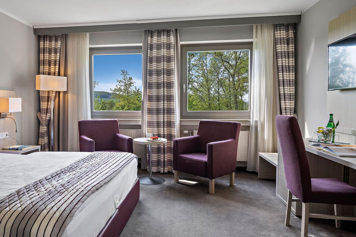 Ein Hotelzimmer mit einem Bett, zwei Stühlen, einem kleinen Tisch und einem Fenster mit Blick auf Bäume.