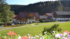 A large building with a red roof, surrounded by a well-maintained lawn and colorful flowers in the foreground. - Alpenecho (Ramsau am Dachstein)