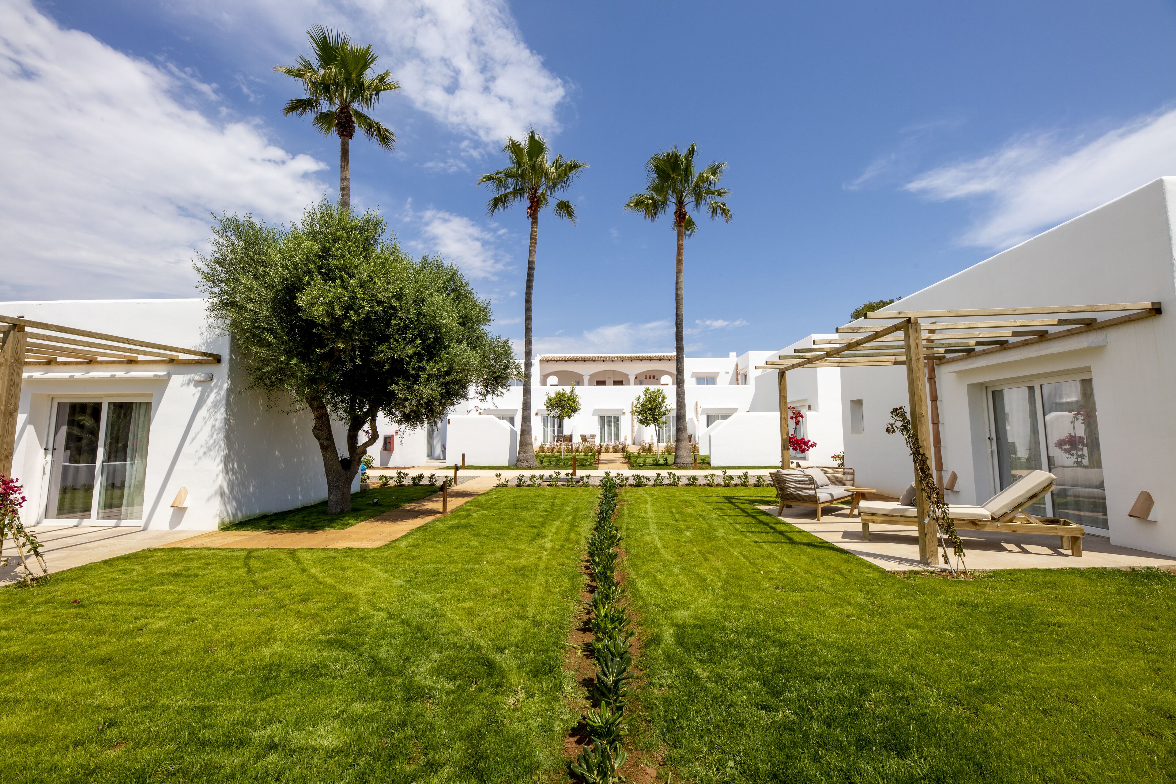 A modern villa with a well-maintained lawn, palm trees, and a pool area.