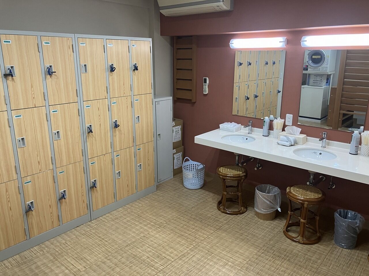 Baño con taquillas de madera, un lavamanos con jabón y un cubo de basura.
