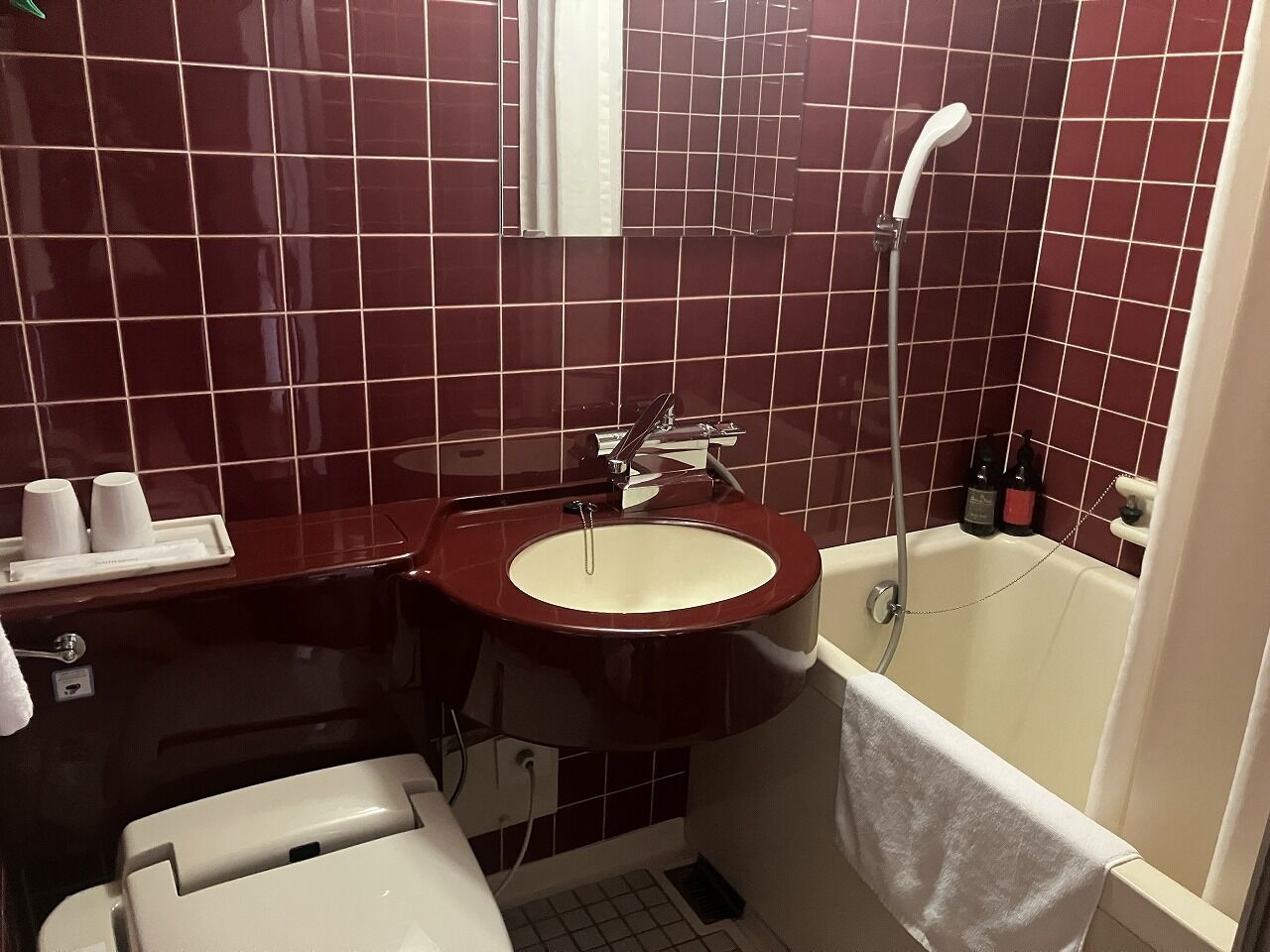 combined shower/bathtub, free toiletries, hair dryer, slippers