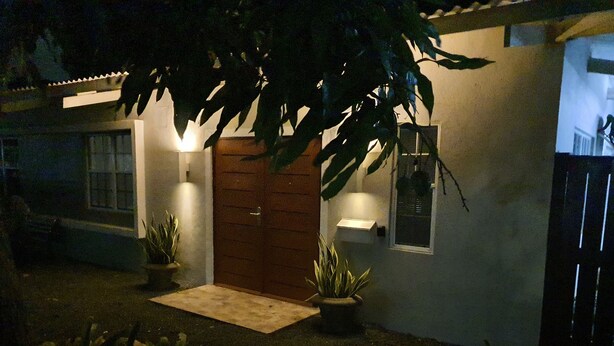 A house with a wooden door, a small window, and a potted plant in front. - Amazing apartments 2025 (Willemstad)