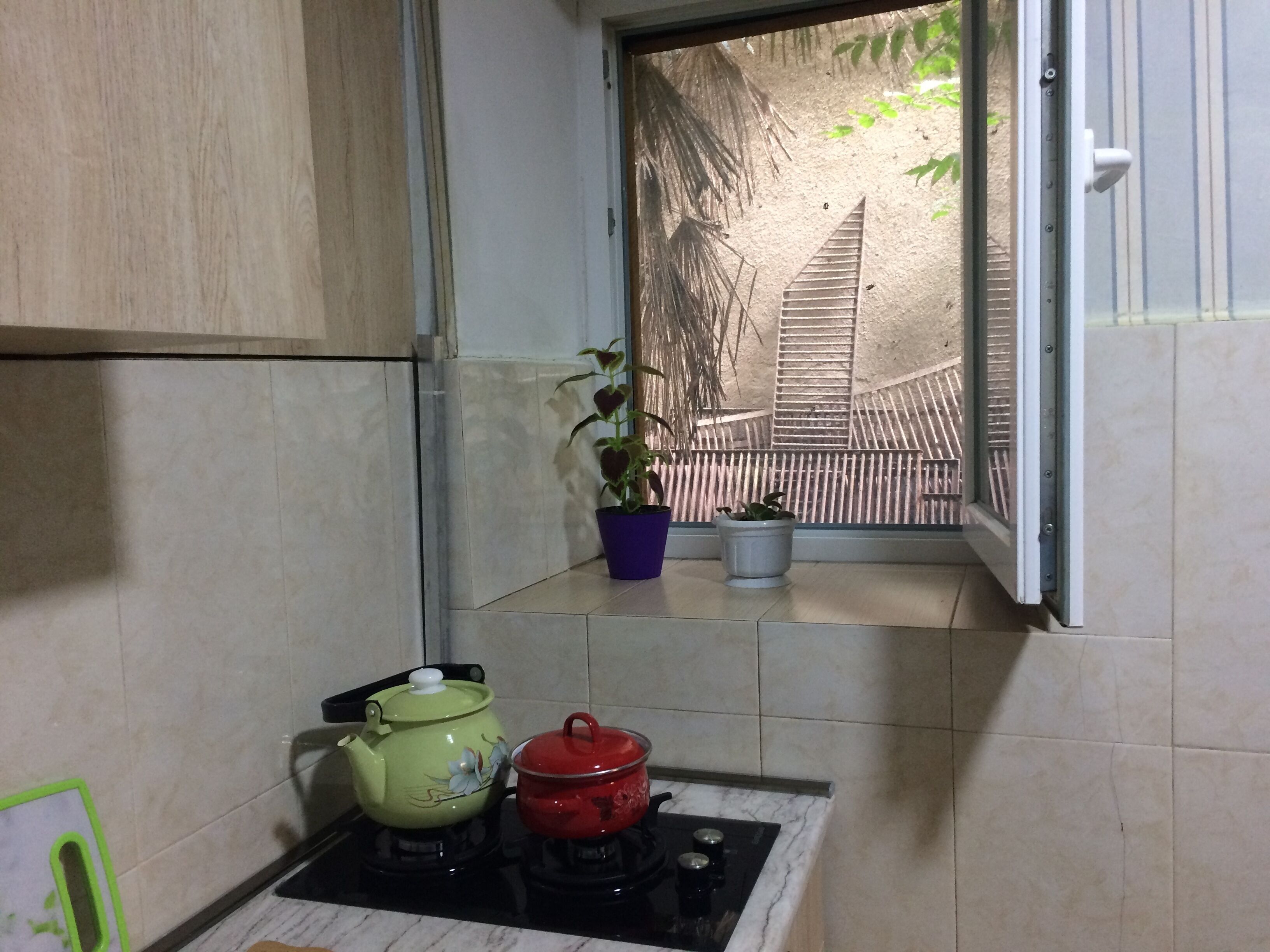 Fridge, coffee/tea maker, electric kettle, cookware/dishes/utensils