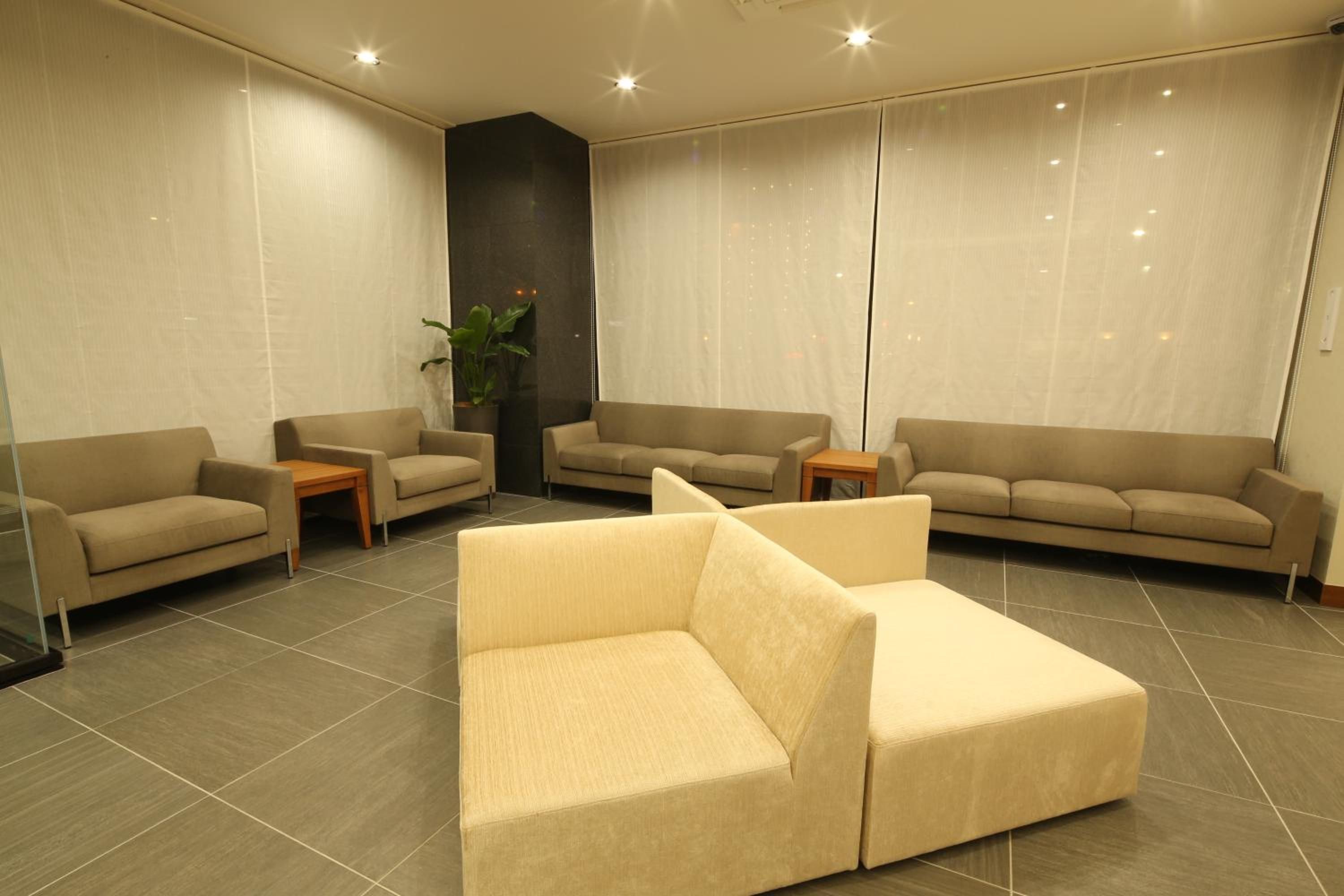 A modern living room with a sectional sofa, two armchairs, a coffee table, and a potted plant.