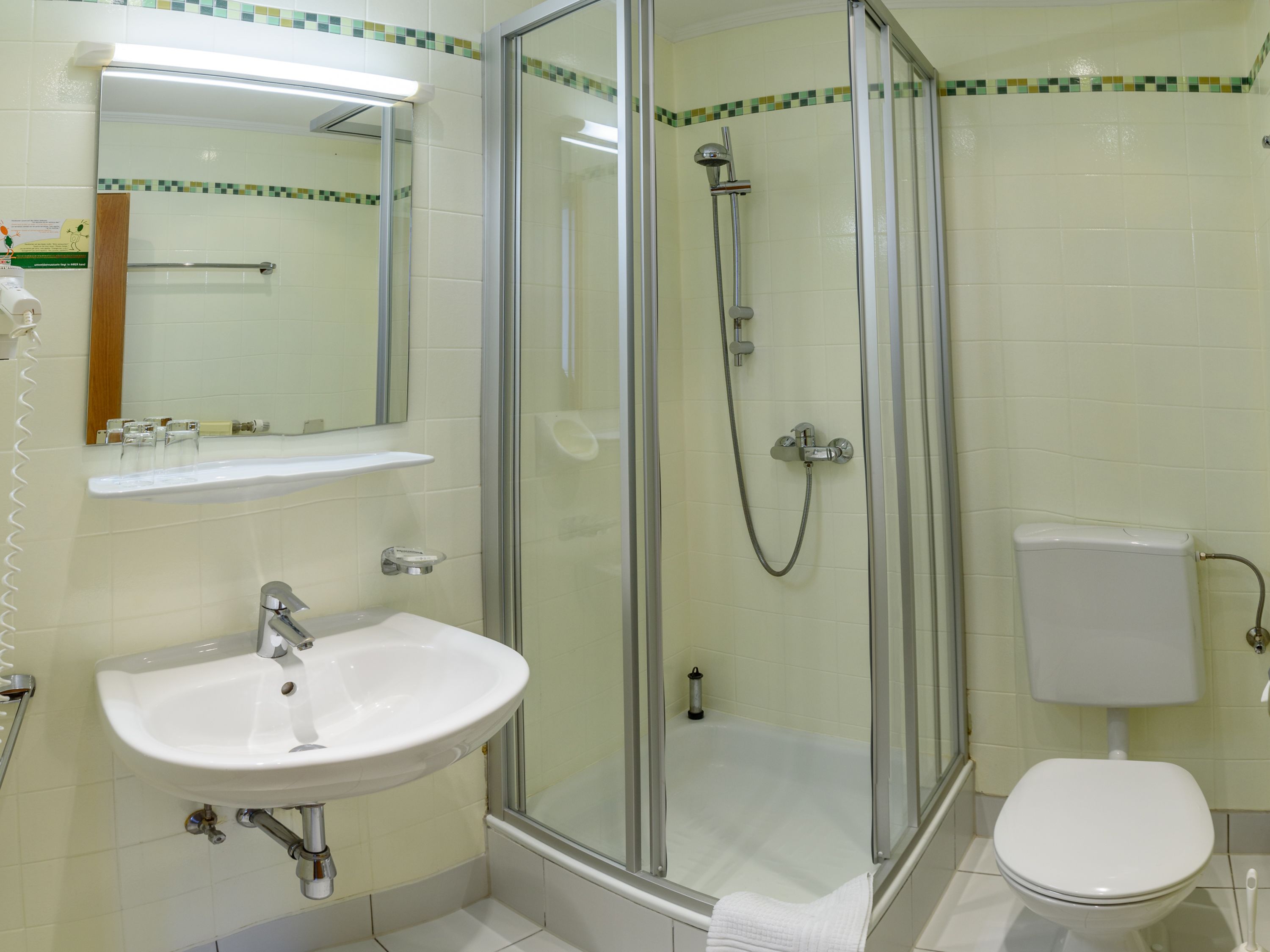 A bathroom with a glass-enclosed shower, a sink, and a toilet.
