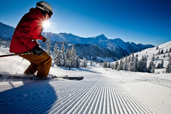 A skier on a snowy slope with mountains in the background. - Ferienwohnung Planneralm (Irdning-Donnersbachtal)