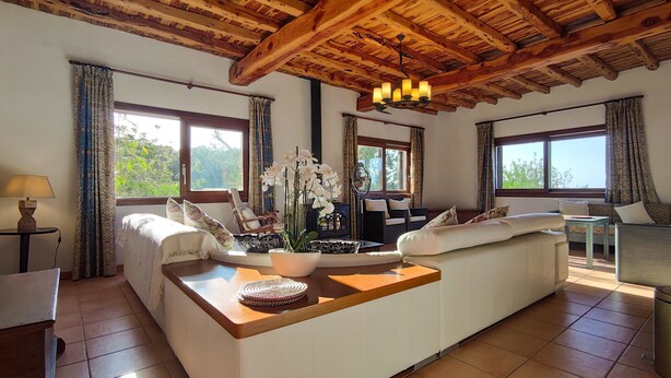 Ein gemütliches Wohnzimmer mit Holzbalkendecke, großen Fenstern, einer Couch, einem Couchtisch und einer Lampe.