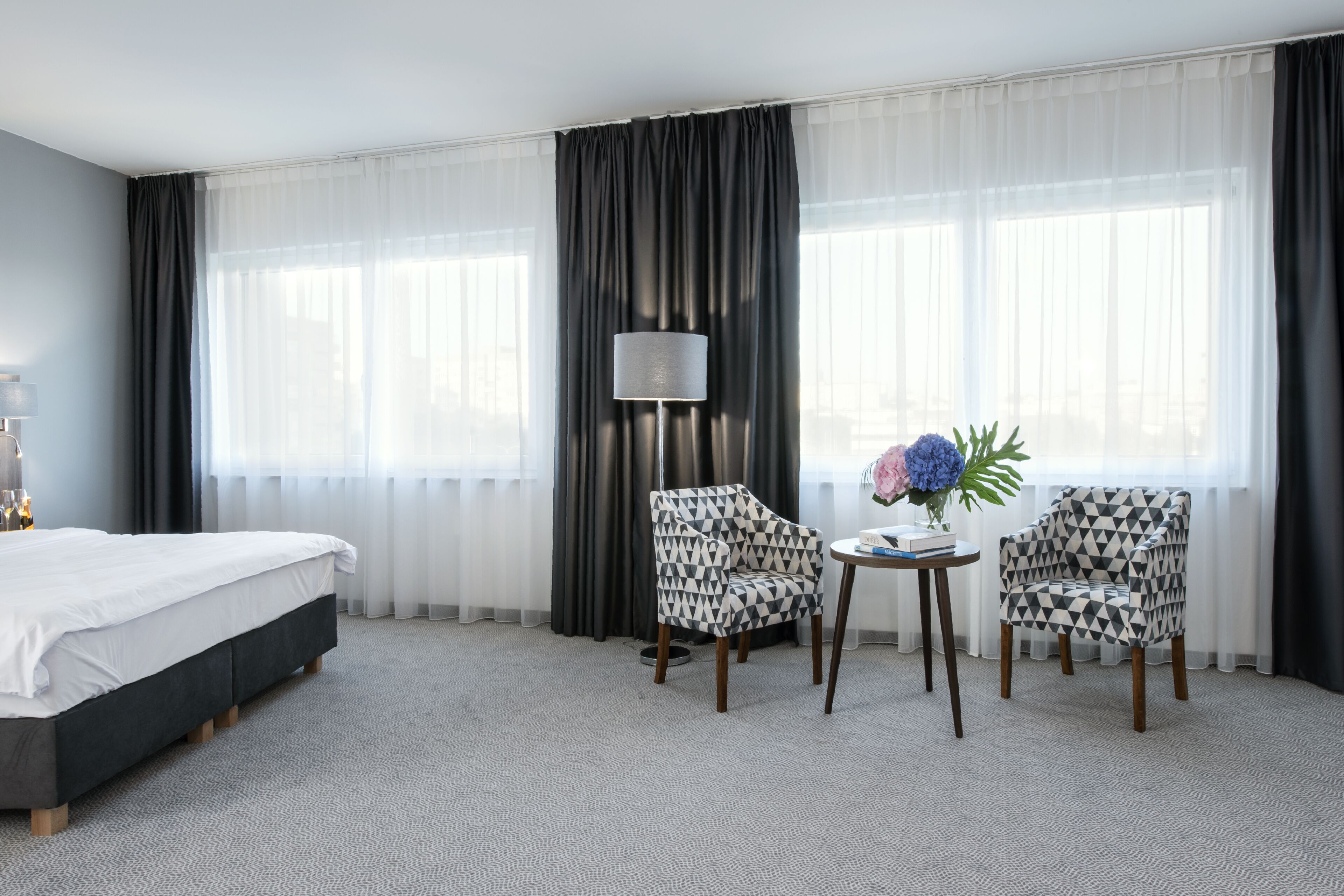 minibar, desk, laptop workspace, blackout curtains