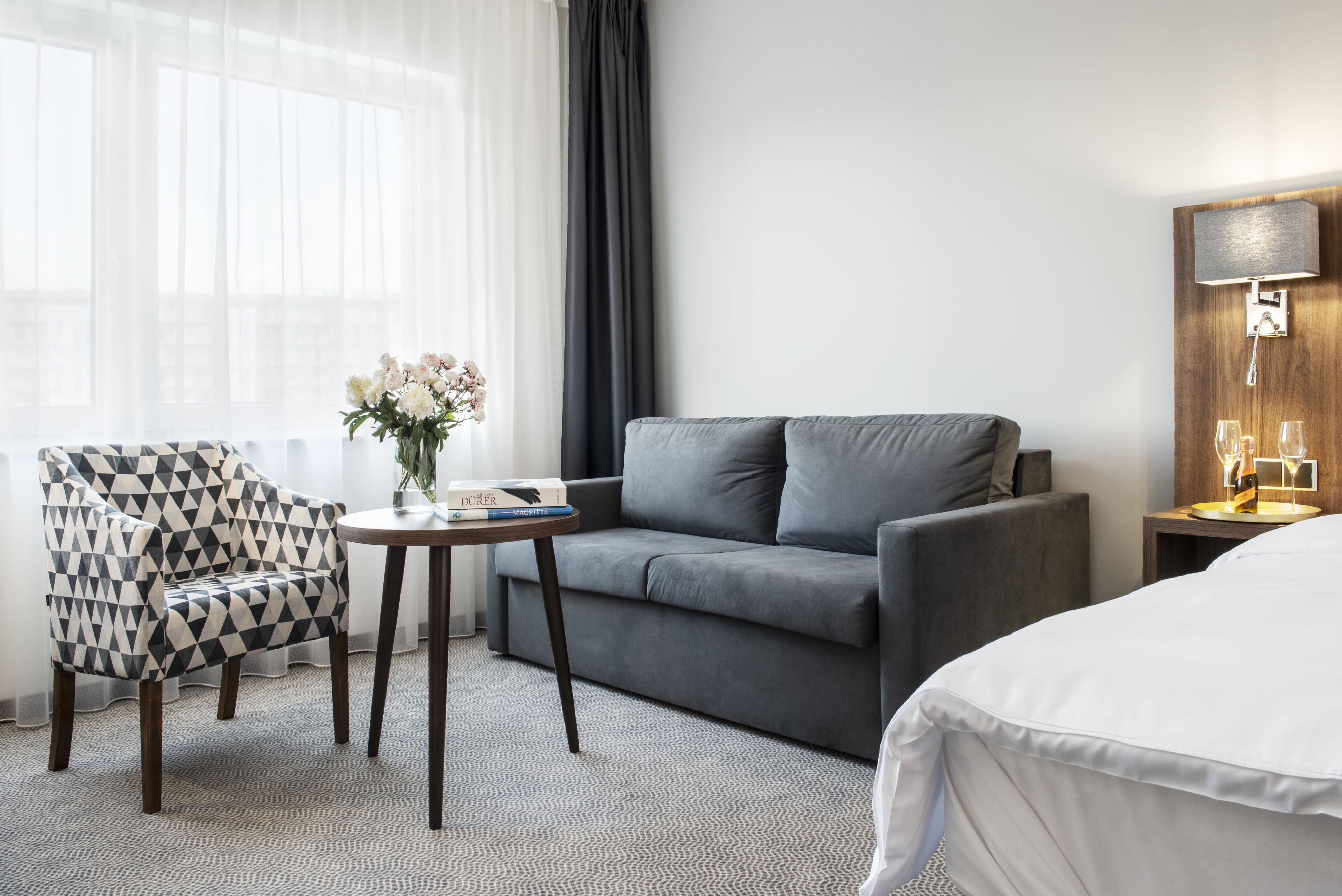 minibar, desk, laptop workspace, blackout curtains