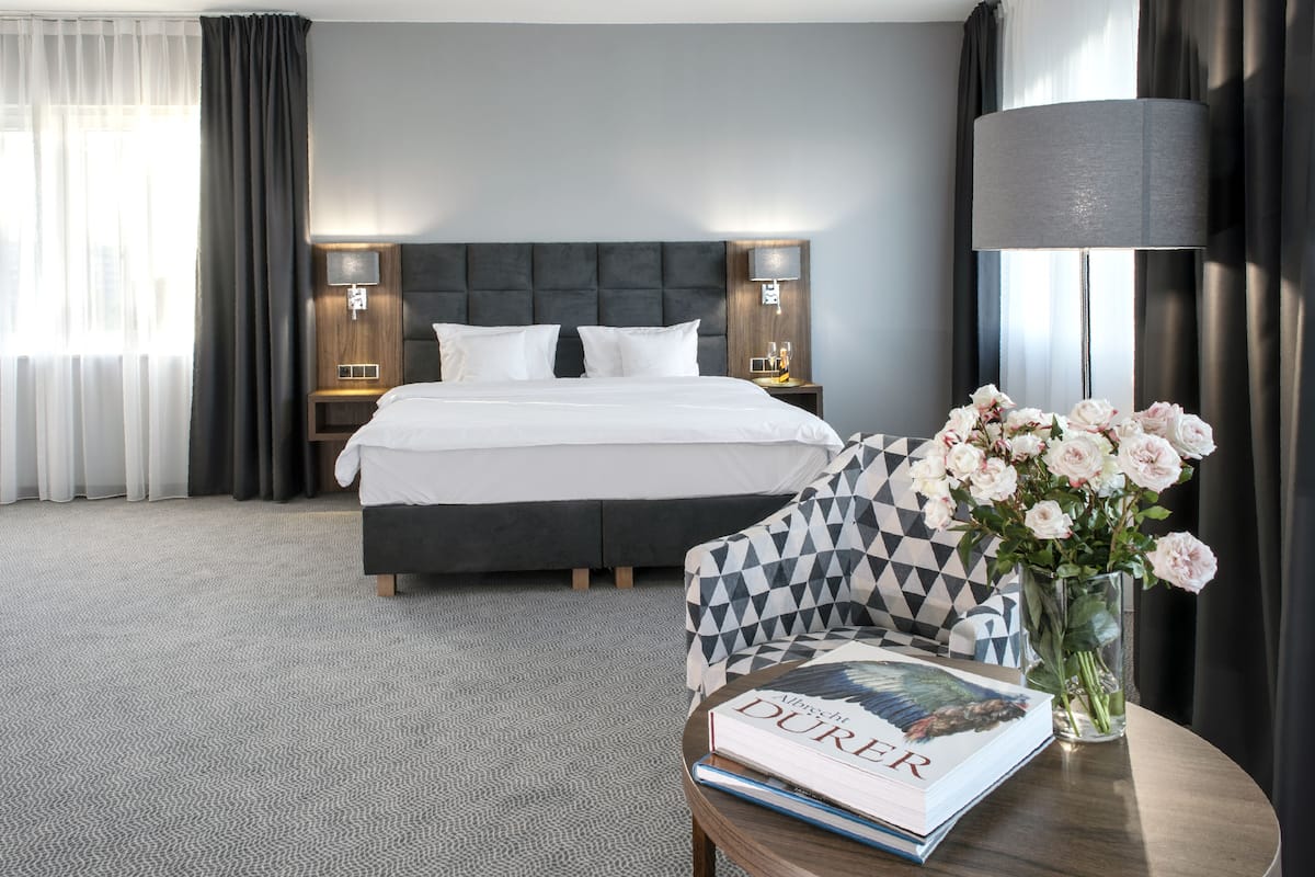 minibar, desk, laptop workspace, blackout curtains