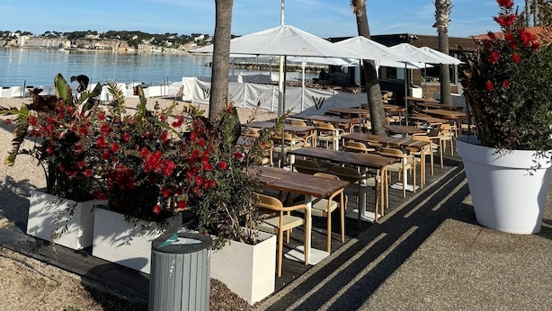 A seaside restaurant with outdoor seating, palm trees, and a view of the water. - LE VICTORIA SANARY CENTER TOP FLOOR SEA VIEW<br>SPACIOUS ELEGANT APARTMENT (Sanary-sur-Mer)