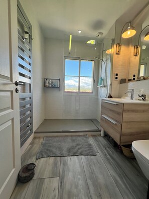 Shower, hair dryer, towels, soap