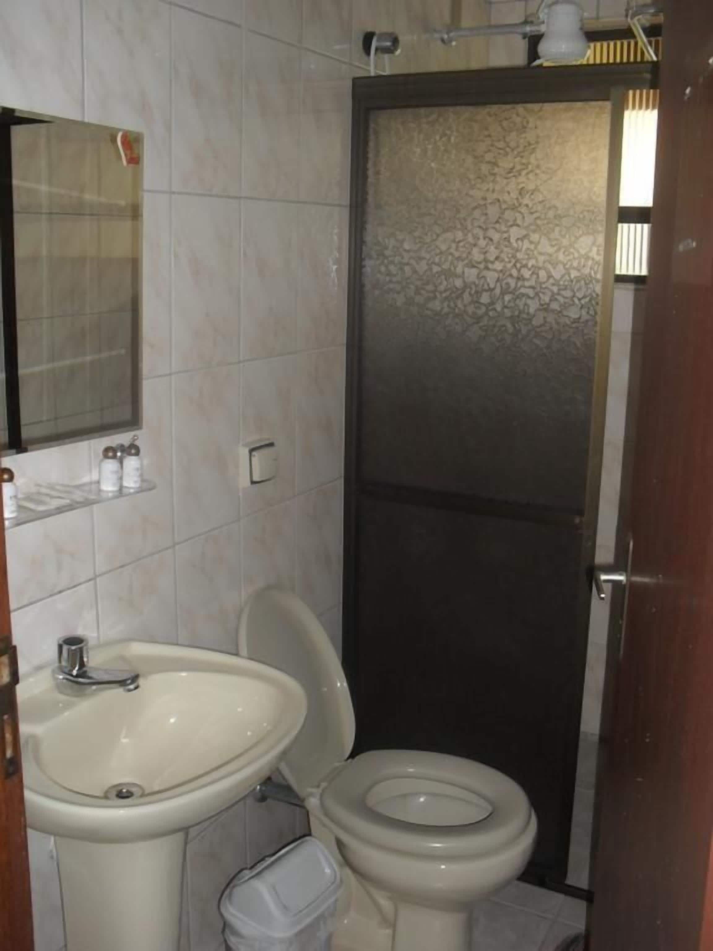 A small bathroom with a sink, toilet, and a mirror.