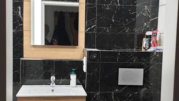 Apartment, 1 Bedroom (Nr. 3) | Bathroom | Shower, hair dryer, towels