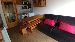 Un espace de vie compact comprenant un coin cuisine, des meubles en bois et un canapé foncé agrémenté de coussins rouges.