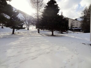 Uma área externa coberta de neve, com árvores e um edifício ao fundo.
