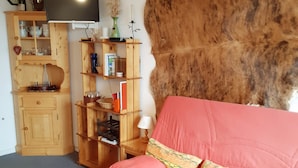 Un salon avec un canapé rose, une étagère en bois et un téléviseur fixé au mur.
