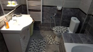 Bathtub, hair dryer, soap, shampoo