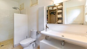 A modern bathroom with a toilet, shower, and a vanity with a sink and mirror. - Maison Cerisier accès mer (Le François)