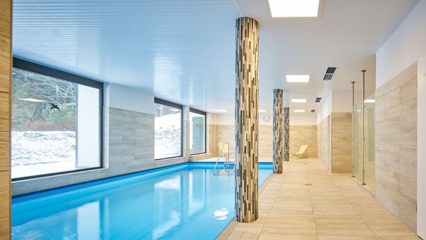 A modern indoor swimming pool with clear windows, wooden flooring, and a minimalist design. - Apartment Winterberg - Stylish (Winterberg)