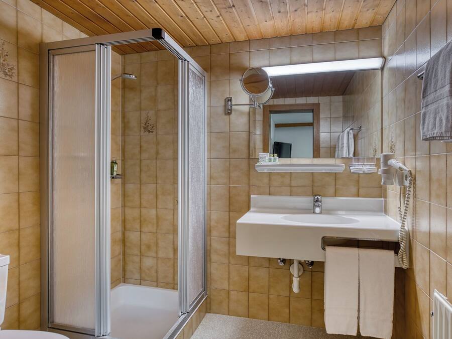 Un baño con ducha, inodoro, lavabo y espejo.