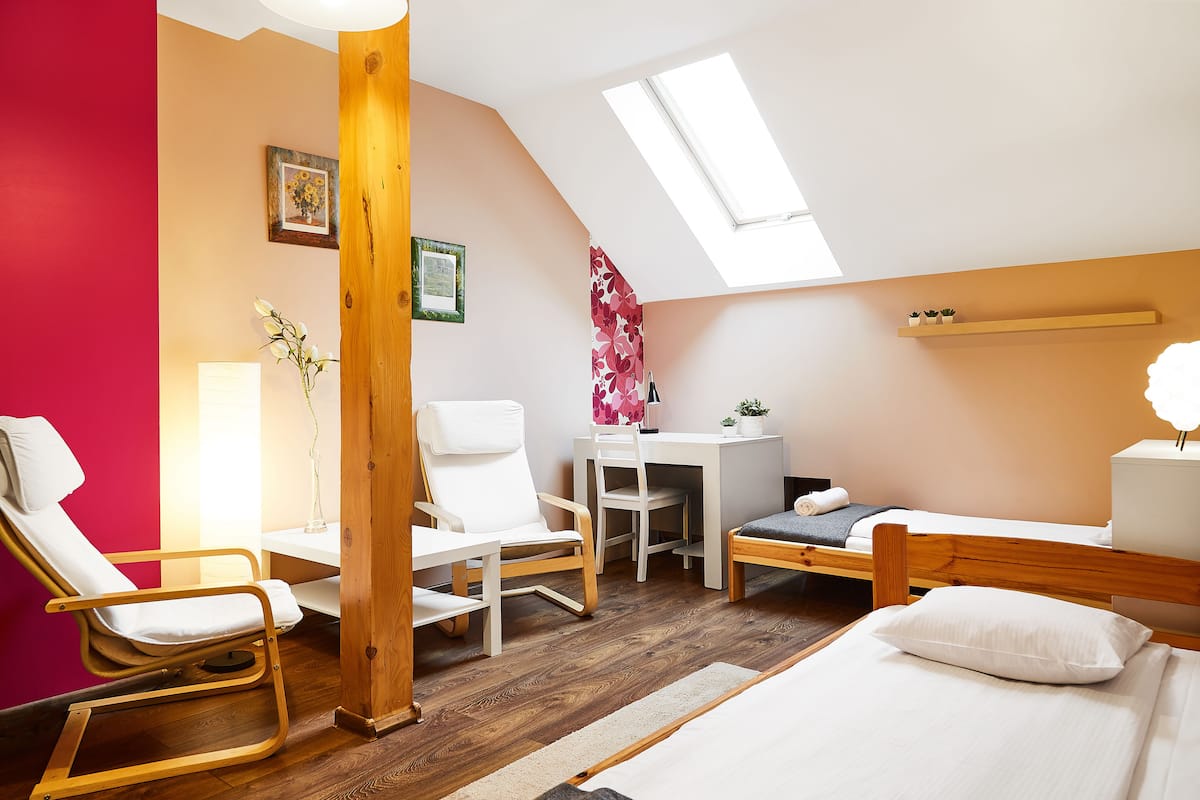 2 bedrooms, desk, laptop workspace, iron/ironing board
