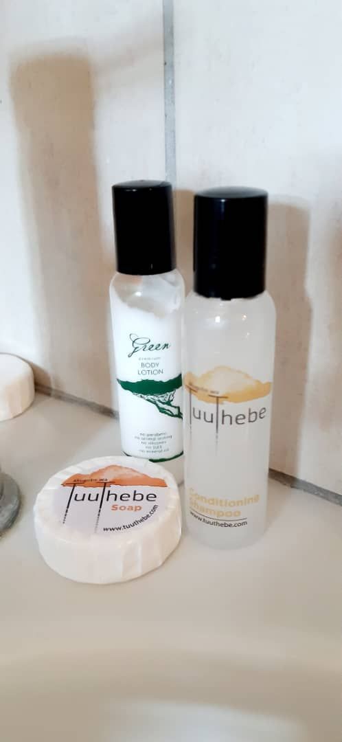 A bathroom shelf with a bottle of body lotion, a bottle of shampoo, and a bar of soap.