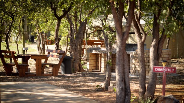 A campsite with picnic tables, a brick barbecue area, and a sign indicating 'Campsite 7'.